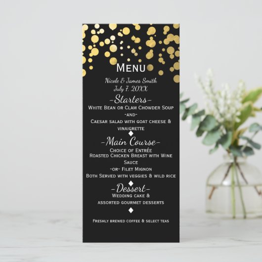 Zwart & Goud Confetti Stippen Modern Glamour Menu (Staand voorkant)