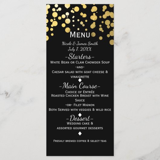 Zwart & Goud Confetti Stippen Modern Glamour Menu (Voorkant)