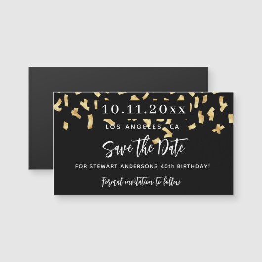 Zwart goud confetti verjaardag opslaan de datum ma (Voorkant / Achterkant)