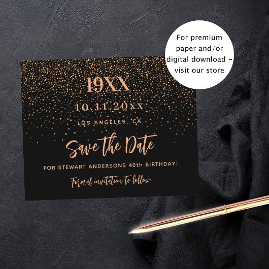 Zwart goud confetti verjaardagsbudget bewaar de da flyer