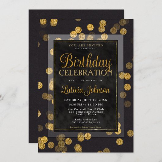 Zwart Goud Confetti Verjaardagsfeest Save The Date (Voorkant / Achterkant)