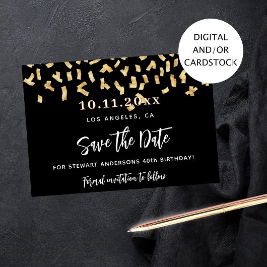 Zwart goud confetti verjaardagsfeestje save the date