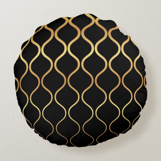 Zwart, goud, cool, trendy, retro abstract design rond kussen (Achterkant)