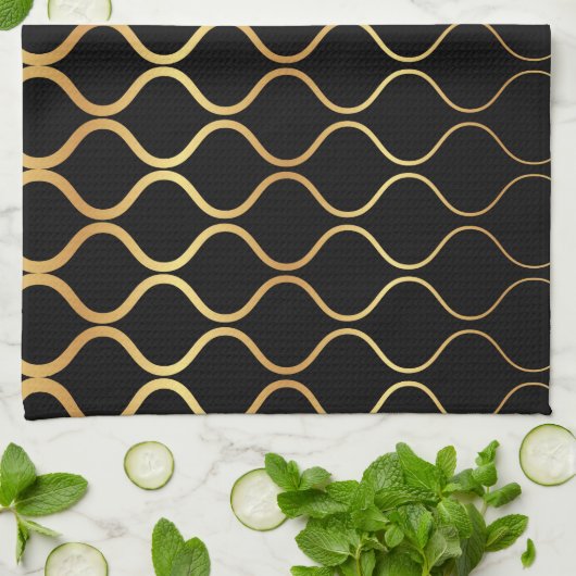 Zwart, goud, cool, trendy, retro abstract design theedoek (Gevouwen)