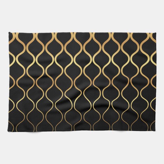 Zwart, goud, cool, trendy, retro abstract design theedoek (Horizontaal)
