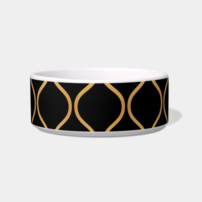 Zwart, goud, cool, trendy, retro abstract design voerbakje (Voorkant)