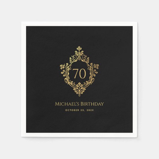 Zwart Goud Crest  Elegant Man 70e Verjaardag Servet (Voorkant)