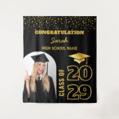 Zwart & Goud Custom Afstuderen Achtergrond met Fot Wandkleed (Voorkant)