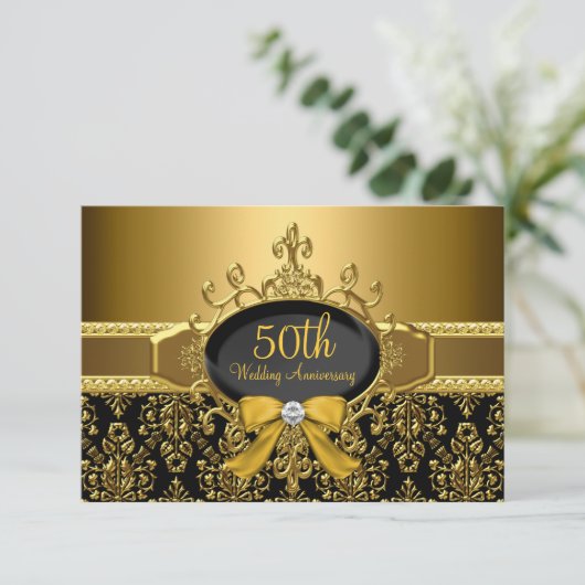 Zwart & Goud Damask 50e Jubileum RSVP (Staand voorkant)