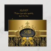 Zwart & Goud Damask 50e Jubileum RSVP Kaartje (Voorkant / Achterkant)
