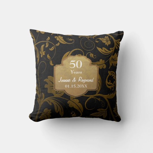 Zwart & Goud Damask 50ste bruiloft Jubileum 2c Kussen (Voorkant)