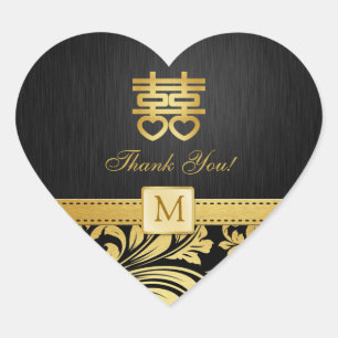 Zwart & Goud Damask Chinees Dubbel Geluk Hart Sticker