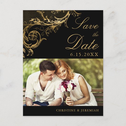  Zwart Goud Damask Foto Opslaan van de Datum Aankondigingskaart (Voorkant)