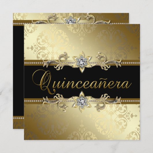 Zwart Goud Damask Quinceanera Kaart (Voorkant / Achterkant)