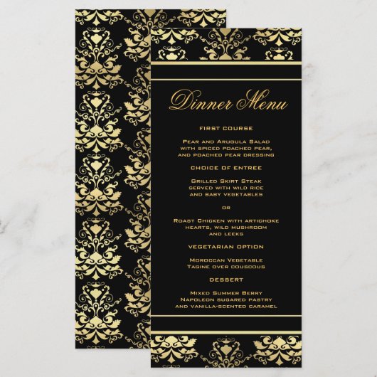 Zwart & Goud Damask Slim Dinner Menu (Voorkant / Achterkant)