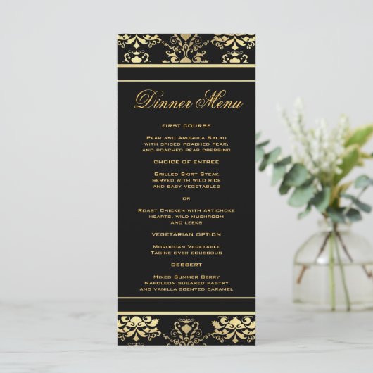 Zwart & Goud Damask Slim Dinner Menu (Staand voorkant)