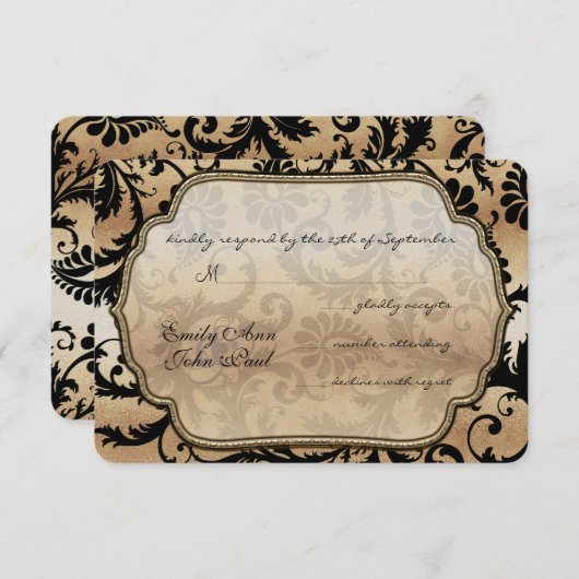 Zwart & Goud Damask Swirls Wedding RSVP (Voorkant / Achterkant)