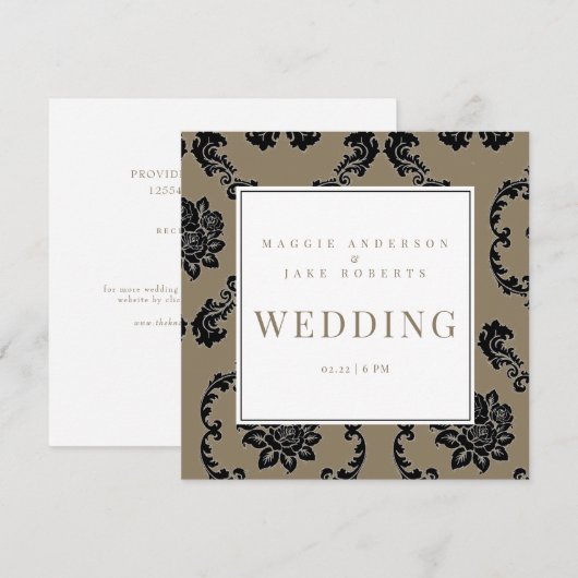 Zwart & Goud Damask Vierkante Bruiloft Kaart (Voorkant / Achterkant)