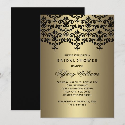 Zwart & Goud  Damask Vrijgezellenfeest Uitnodigen Kaart (Voorkant / Achterkant)