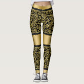 Zwart & Goud Damasks & Stripes Patroon Leggings (Voorkant)