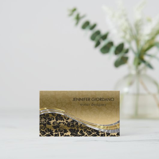 Zwart & Goud Damasks Visitekaartje (Staand voorkant)