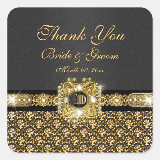 Zwart goud damast "dank je" vierkante sticker (Voorkant)