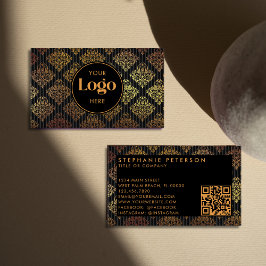 Zwart & Goud Damast Gestreepte Aangepaste Logo QR Visitekaartje