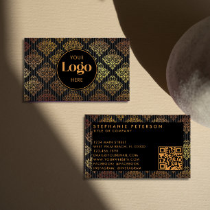 Zwart & Goud Damast Gestreepte Aangepaste Logo QR  Visitekaartje
