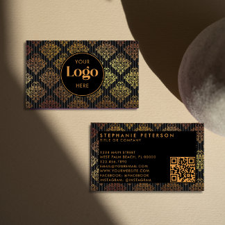 Zwart & Goud Damast Gestreepte Aangepaste Logo QR Visitekaartje