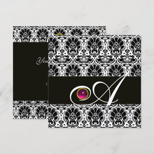ZWART GOUD DAMAST MONOGRAM Roze Fuchsia Amethist Kaart (Voorkant / Achterkant)