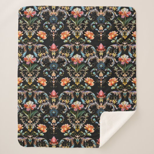  zwart goud damast patroon sherpa deken (Voorkant)