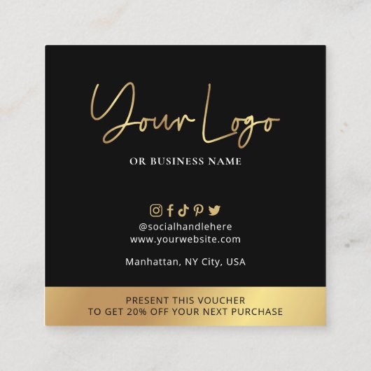 Zwart & Goud Dank u Gift Business Logo Korting Vierkante Visitekaartje (Achterkant)