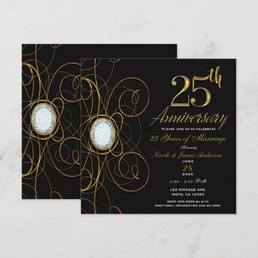 Zwart & Goud Diamant Elegant 25 25e Jubileum Kaart (Voorkant / Achterkant)