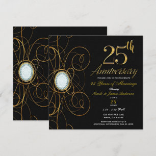 Zwart & Goud Diamant Elegant 25 25ste Verjaardag Kaart