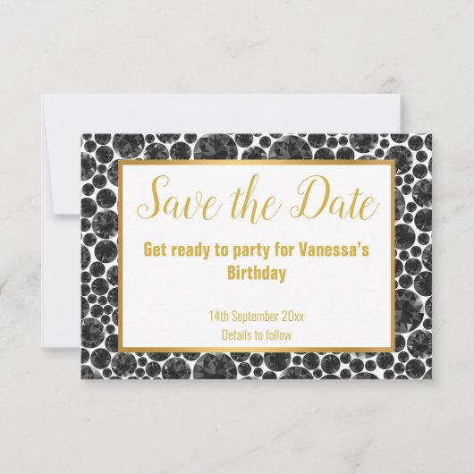 ZWART GOUD DIAMANT ELEGANT SAVE THE DATE RSVP KAARTJE (Voorkant)
