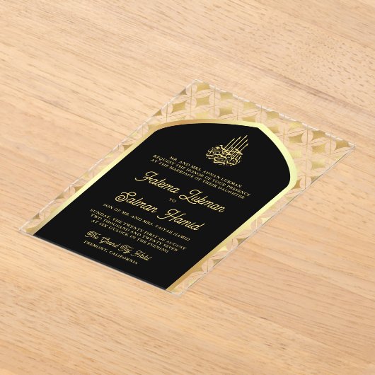 Zwart Goud Diamanten Arch Moslim Bruiloft Acryl Uitnodigingen (Laagn)