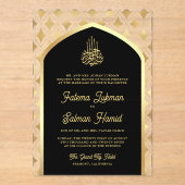 Zwart Goud Diamanten Arch Moslim Bruiloft Acryl Uitnodigingen (Voorkant)