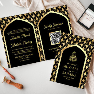 Zwart Goud Diamanten Arch QR Code Moslim Bruiloft