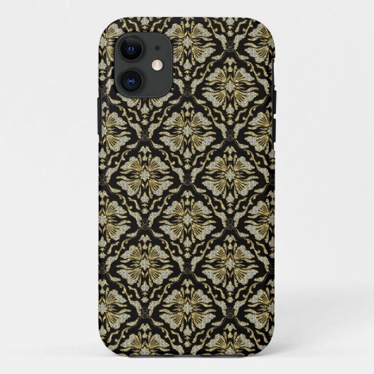Zwart Goud & Diamanten Patroon-Retro Bloemen Damas Case-Mate iPhone Case (Achterkant)