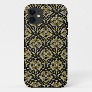 Zwart Goud & Diamanten Patroon-Retro Bloemen Damas Case-Mate iPhone Case