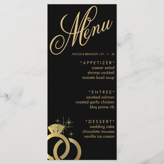 Zwart & Goud Diamanten Ring Bruiloft Receptie Menu (Voorkant)