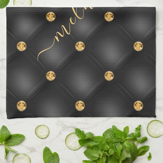 Zwart Goud Diamond Tufted Jouw naam Keukenhanddoek (Gevouwen)