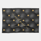 Zwart Goud Diamond Tufted Jouw naam Keukenhanddoek (Horizontaal)