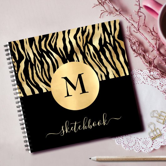 Zwart Goud Dier Print Glam Monogram Schetsboek Notitieboek