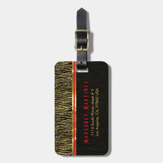 Zwart & Goud Dierenprint Zebra Patroon 2 Monogram Bagagelabel (Voorkant verticaal)