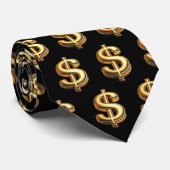 Zwart & Goud Dollar Teken Bling Stropdas (Opgerold)