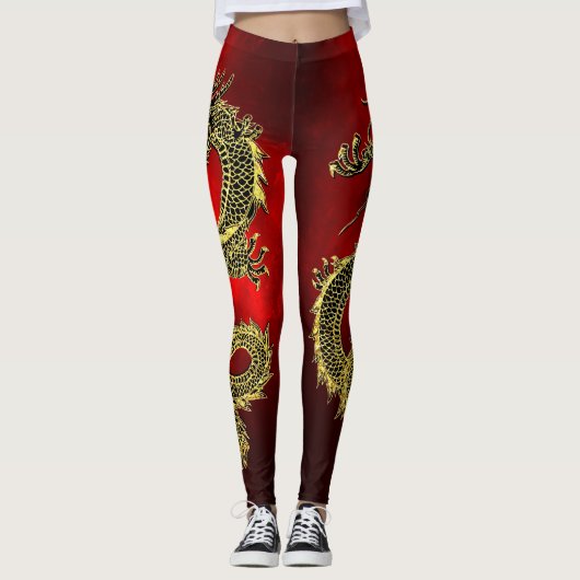Zwart Goud Draken Rood Gradiënt Leggings (Voorkant)