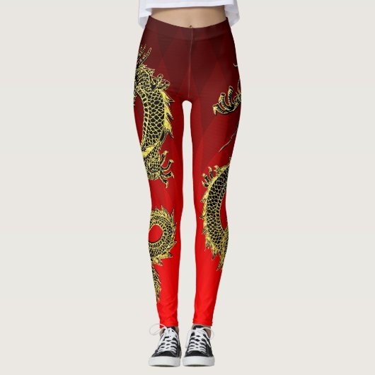 Zwart Goud Draken Rood Gradiënt Leggings (Voorkant)