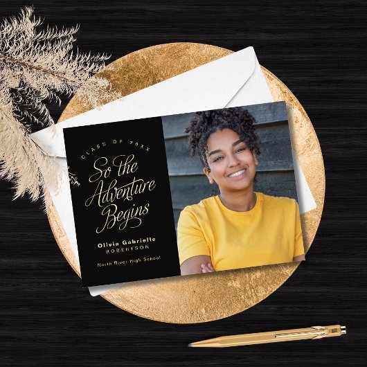 Zwart Goud "Dus het avontuur begint" Afstuderen Folie Uitnodiging