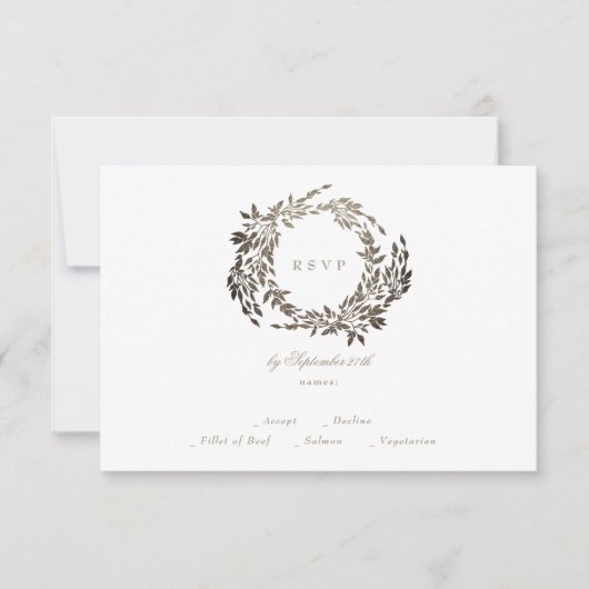 Zwart Goud Ebony Krans Monogram Bruiloft RSVP Kaartje (Voorkant)